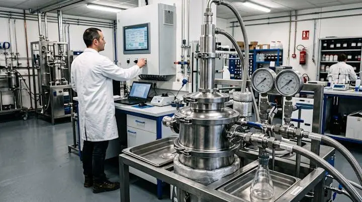 Cuve inox d'extraction CO2 supercritique avec tuyauterie et jauges au premier plan, technicien en blouse blanche contrôlant paramètres sur écran en arrière-plan dans laboratoire moderne