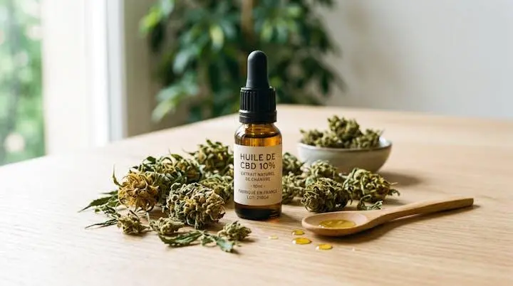 Flacon d'huile CBD en verre ambré posé sur table bois clair, entouré de fleurs de chanvre séchées et d'une cuillère en bois avec gouttes d'huile dorée, éclairage naturel doux