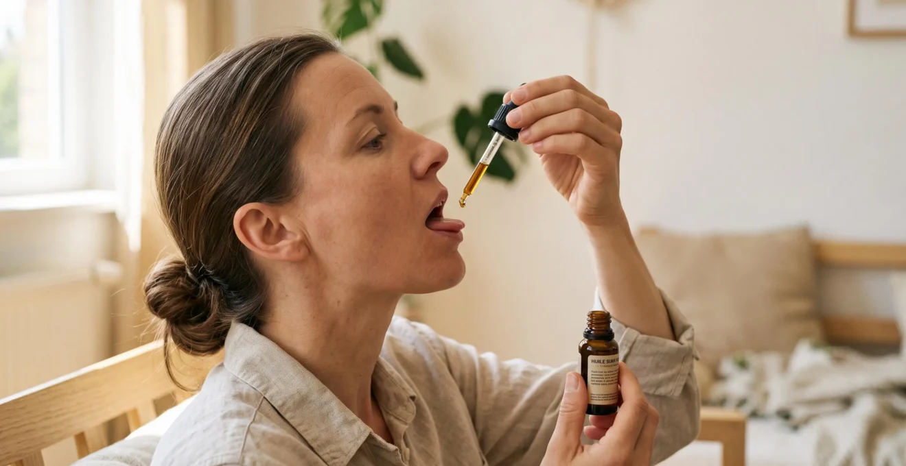 Gros plan profil femme 30-40 ans tenant flacon compte-gouttes ambré au-dessus de bouche entrouverte pour administrer huile CBD sous la langue, geste précis, lumière naturelle douce
