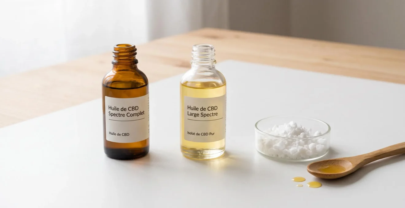 Trois contenants de CBD alignés en vue de dessus sur fond blanc : flacon ambré d'huile full spectrum foncée, flacon clair d'huile broad spectrum dorée, récipient de cristaux isolat blancs